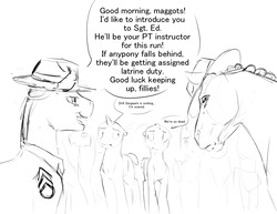 Size: 1280x989 | Tagged: safe, artist:silfoe, oc, oc only, oc:horace octavius reginald sorrel edward, horse, royal sketchbook, drill sergeant, grayscale, hat, horse-pony interaction, mister ed, monochrome, royal guard