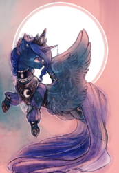 Size: 2266x3277 | Tagged: safe, artist:segraece, princess luna, pony, g4, clothes, crown, dress, female, flying, full moon, high res, jewelry, looking back, moon, raised hoof, regalia, smiling, solo, spread wings, turned head