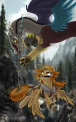 Size: 2926x4656 | Tagged: safe, artist:lessanamidairo, discord, oc, draconequus, pegasus, pony, g4, arrow, crossover, helmet, high res, mouth hold, signature, skyrim, the elder scrolls