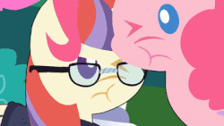 Size: 400x225 | Tagged: safe, edit, moondancer, pinkie pie, amending fences, g4, :t, animated, annoyed, cropped, cute, dancerbetes, diapinkes, female, gif, glasses, loop, one eye closed, perfect loop
