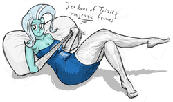 Size: 1500x890 | Tagged: safe, artist:fetishsketches, trixie, human, g4, clothes, dialogue, dress, female, gloves, humanized, looking at you, pillow, pony coloring, simple background, solo, white background
