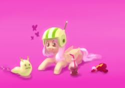 Size: 4093x2894 | Tagged: safe, artist:brainflowcrash, fluttershy, pony, slug, g4, blaster, clothes, commander keen, cosplay, costume, drink, female, helmet, high res, looking at something, prone, reference, simple background, solo