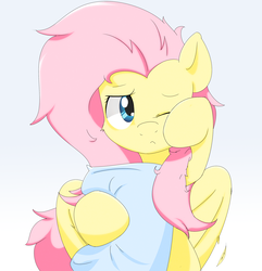 Size: 2555x2655 | Tagged: safe, artist:ando, fluttershy, pegasus, pony, g4, bust, cute, female, high res, holding, mare, messy mane, morning ponies, one eye closed, pillow, portrait, shyabetes, simple background, solo, white background