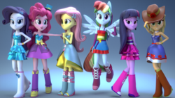 Size: 3840x2160 | Tagged: safe, artist:efk-san, applejack, fluttershy, pinkie pie, rainbow dash, rarity, twilight sparkle, equestria girls, 3d, bedroom eyes, blender, boots, bracelet, clothes, cowboy boots, dress, fall formal outfits, floating, freckles, hat, hat tip, high heel boots, high res, humane five, humane six, jewelry, looking at you, mane six, open mouth, ponied up, raised leg, skirt, sleeveless, smiling, strapless, top hat, twilight ball dress