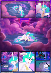 Size: 3500x4950 | Tagged: safe, artist:light262, artist:lummh, nightmare moon, princess celestia, queen chrysalis, pony, comic:timey wimey, g4, absurd resolution, cloud, color porn, comic, dialogue, eyes closed, full moon, implied princess luna, jewelry, knocked out, lidded eyes, long mane, long tail, mare in the moon, missing accessory, moon, mountain, necklace, oh crap face, open mouth, out cold, patreon, patreon logo, prone, puddle, reflection, scared, shadow, smiling, unconscious, waking up, wide eyes