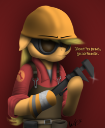 Size: 1650x2000 | Tagged: safe, artist:facelesssoles, applejack, earth pony, pony, g4, bipedal, crossover, engiejack, engineer, engineer (tf2), female, solo, team fortress 2, wrench