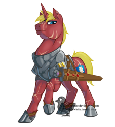 Size: 1818x2000 | Tagged: safe, artist:chickenwhite, oc, oc only, oc:steel prism, pony, unicorn, ponyfinder, armor, commission, dungeons and dragons, fluffy, lidded eyes, looking at you, pen and paper rpg, raised hoof, rpg, scar, simple background, solo, sword, transparent background, weapon