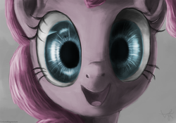 Size: 900x629 | Tagged: safe, artist:cesiummagnesium, color edit, edit, pinkie pie, pony, g4, close-up, colored, cute, diapinkes, empty eyes, face of mercy, female, happy, looking at you, no catchlights, open mouth, smiling, solo, uncanny valley