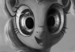 Size: 1808x1264 | Tagged: safe, artist:cesiummagnesium, pinkie pie, pony, g4, bust, close-up, cute, detailed, diapinkes, empty eyes, eye, eyes, female, grayscale, happy, looking at you, monochrome, open mouth, portrait, realistic, smiling, solo, traditional art
