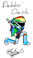 Size: 720x1280 | Tagged: safe, rainbow dash, equestria girls, g4, bike shorts, clothes, dab, drawing, female, hilarious in hindsight, kneeling, shorts, simple background, skirt, solo, sunglasses, text, white background