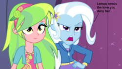 Size: 1256x714 | Tagged: safe, artist:themexicanpunisher, artist:xebck, lemon zest, trixie, equestria girls, g4, alternate universe, biased, clothes, cute, dialogue, open mouth, opinion, raised eyebrow, zestabetes