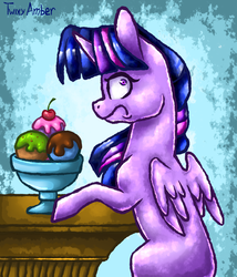 Size: 900x1050 | Tagged: safe, artist:twixyamber, twilight sparkle, alicorn, pony, g4, caught, cherry, female, food, frown, ice cream, looking at you, looking back, solo, surprised, twilight sparkle (alicorn), wide eyes