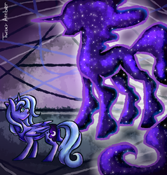 Size: 950x1000 | Tagged: safe, artist:twixyamber, princess luna, tantabus, do princesses dream of magic sheep, g4, frown, looking back, looking up, open mouth, s1 luna, scared
