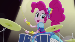 Size: 640x360 | Tagged: safe, screencap, pinkie pie, equestria girls, g4, my little pony equestria girls: legend of everfree, clothes, crystal gala, crystal gala dress, dress, drum kit, drums, female, musical instrument, ponytail, puffy sleeves, solo