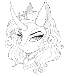 Size: 1280x1497 | Tagged: safe, artist:evehly, king sombra, pony, g4, commission, crown, ear fluff, jewelry, looking at you, monochrome, queen umbra, regalia, rule 63, sketch, slit pupils, solo