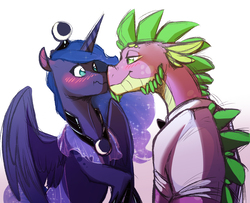 Size: 2461x2000 | Tagged: safe, artist:vindhov, princess luna, spike, g4, blushing, boop, clothes, crack shipping, gradient background, high res, interspecies, lidded eyes, looking at each other, male, older, raised hoof, scrunchy face, ship:spiluna, shipping, simple background, smiling, spread wings, story in the source, straight, white background