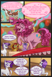Size: 600x900 | Tagged: safe, artist:alorix, pinkie pie, rarity, sunset shimmer, classical unicorn, pony, g4, balloon, comic, curved horn, eyes closed, horn, leonine tail, music notes, party, search for twilight, singing, sugarcube corner