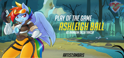 Size: 1700x800 | Tagged: safe, artist:ambris, rainbow dash, anthro, g4, ashleigh ball, clothes, crossover, female, flight suit, goggles, gun, overwatch, play of the game, rainbow tracer, solo, tracer, weapon