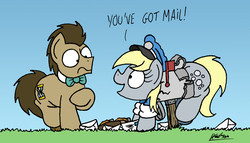 Size: 1919x1095 | Tagged: safe, artist:bobthedalek, derpy hooves, doctor whooves, time turner, pegasus, pony, g4, bowtie, clothes, derpy inside a mailbox, dialogue, female, hat, looking at each other, mail, mailbag, mailbox, mailmare, male, mare, open mouth, postmare, raised hoof, raised leg, smiling, stallion, stuck, surprised