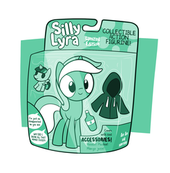 Size: 1490x1517 | Tagged: safe, artist:dori-to, lyra heartstrings, twilight sparkle, alicorn, pony, unicorn, comic:silly lyra, fanfic:background pony, action figure, bottle, clothes, comic, drink, female, greenscale, hoodie, juice, mango juice, mare, monochrome, packaging, plushie, silly lyra, simple background, smiling, speech bubble, toy, twilight sparkle (alicorn), white background