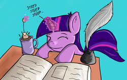 Size: 1576x988 | Tagged: safe, artist:parassaux, twilight sparkle, pony, g4, book, eyes closed, female, food, ink, magic, magic glow, mare, quill, smiling, solo, sweepsweepsweep, tea, teabag, telekinesis