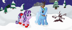 Size: 2500x1071 | Tagged: safe, artist:swasfews, starlight glimmer, trixie, pony, unicorn, g4, antlers, bells, boots, bow, christmas, female, jingle bells, mare, reindeer antlers, snow, tail bow