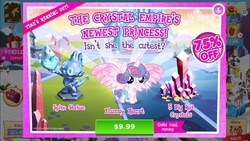 Size: 1334x750 | Tagged: safe, gameloft, screencap, princess flurry heart, spike, crystal pony, pony, g4, official, advertisement, costs real money, crack is cheaper, crystal empire, crystallized, drama, duckery in the description, greedloft, introduction card, ios, iphone, meme, spike statue, statue, time's running out, why gameloft why