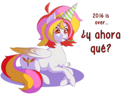 Size: 1600x1229 | Tagged: safe, artist:souladdicted, oc, oc only, oc:pepper doll, pegasus, pony, 2017, dialogue, female, happy new year, happy new year 2017, hat, mare, multicolored hair, party hat, red eyes, simple background, solo, spanish, translated in the comments, transparent background