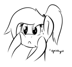 Size: 400x370 | Tagged: safe, artist:glimglam, oc, oc only, oc:pole position, :c, disembodied hoof, monochrome, offscreen character, ponytail, simple background, squishy cheeks, sweat, uncomfortable, white background