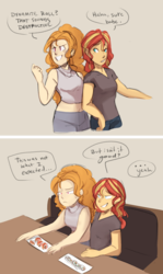 Size: 1280x2149 | Tagged: safe, artist:mlp-hearts, adagio dazzle, sunset shimmer, equestria girls, g4, belly, clothes, comic, dialogue, female, food, lesbian, midriff, ship:sunsagio, shipping, sunset sushi, sushi, tank top