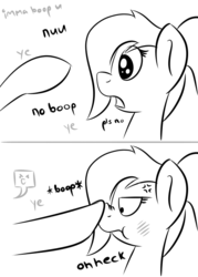 Size: 500x700 | Tagged: safe, artist:glimglam, oc, oc only, oc:pole position, annoyed, blushing, boop, cross-popping veins, dialogue, disembodied hoof, heck, monochrome, no, non-consensual booping, offscreen character, open mouth, pls, pls no, puffy cheeks, scrunchy face, tinyface, ye