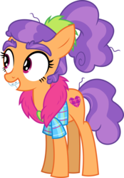 Size: 6400x9195 | Tagged: safe, artist:parclytaxel, plaid stripes, earth pony, pony, g4, the saddle row review, .svg available, absurd resolution, braces, bucktooth, clothes, feather boa, female, hairband, ponytail, shirt, simple background, smiling, solo, teenager, transparent background, vector