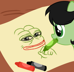 Size: 1787x1752 | Tagged: safe, artist:dictatordave, edit, oc, oc only, oc:anon, oc:filly anon, earth pony, pony, 4chan, art, crayon, crayon drawing, drawing, female, filly, meme, mouth hold, paper, pepe the frog, rare pepe, solo