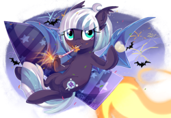 Size: 1600x1108 | Tagged: safe, oc, oc only, bat pony, pony, alcohol, fangs, fireworks, new year, rocket, smiling, solo