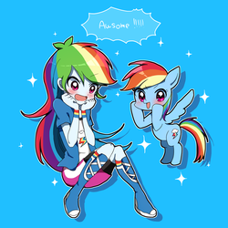 Size: 1556x1556 | Tagged: safe, artist:lotte, rainbow dash, human, equestria girls, g4, blushing, boots, clothes, cute, dashabetes, duality, human ponidox, jacket, pixiv, self ponidox, shirt, shoes, skirt, socks, vest