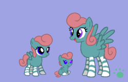 Size: 527x337 | Tagged: safe, artist:vorian caverns, oc, oc only, oc:vorian caverns, pegasus, pony, age progression, baby, baby pony, curly mane, curly tail, heterochromia, leg stripes, odd coloured eyes, pink hair, purple background, signature, simple background, young
