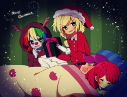 Size: 2039x1568 | Tagged: safe, artist:lotte, apple bloom, applejack, rainbow dash, scootaloo, equestria girls, g4, animal costume, bed, christmas, clothes, costume, female, hat, lesbian, pixiv, present, reindeer costume, reindeer dash, rudolph dash, santa claus, santa costume, santa hat, scootalove, secret santa, ship:appledash, shipping