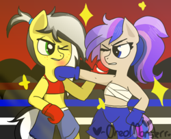 Size: 2305x1870 | Tagged: safe, artist:oreomonsterr, oc, oc only, oc:knock out, oc:uppercute, earth pony, pony, semi-anthro, bandage, bipedal, boxing, boxing gloves, clothes, duo, shorts, sports bra, sports shorts
