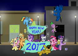 Size: 5080x3645 | Tagged: safe, artist:oinktweetstudios, applejack, fluttershy, pinkie pie, rainbow dash, rarity, spike, starlight glimmer, twilight sparkle, oc, oc:oink, oc:tweet, alicorn, pegasus, pony, g4, 2017, absurd resolution, banner, bipedal, cider, drink, grin, happy, happy new year 2017, lamppost, levitation, lidded eyes, magic, mane seven, mane six, open mouth, smiling, sunglasses, telekinesis, twilight sparkle (alicorn)