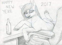 Size: 1280x930 | Tagged: safe, artist:difetra, oc, oc only, oc:tera bit, pony, 2017, alcohol, bottle, chair, drunk, happy new year, happy new year 2017, solo