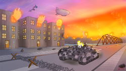 Size: 1600x900 | Tagged: safe, artist:ruby dusk, oc, oc only, oc:aryanne, airship, city, cityscape, panzer iv, tank (vehicle)