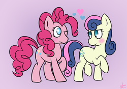 Size: 1280x894 | Tagged: safe, artist:puppychomp, bon bon, pinkie pie, sweetie drops, g4, blushing, crack shipping, gradient background, heart, looking at each other, one eye closed, purple background, raised hoof, raised leg, ship:bonpie, shipping, simple background, smiling, starry eyes, wingding eyes, wink