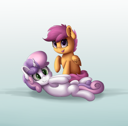 Size: 1936x1912 | Tagged: safe, artist:vanillaghosties, scootaloo, sweetie belle, g4, cute, cutealoo, diasweetes, on back