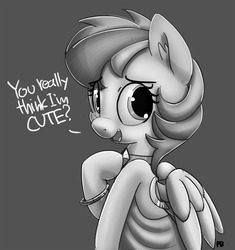 Size: 1280x1360 | Tagged: safe, artist:pabbley, rainbow dash, pony, g4, alternate hairstyle, clothes, cute, dashabetes, dialogue, dress, female, grayscale, looking at you, monochrome, rainbow dash always dresses in style, solo, talking to viewer