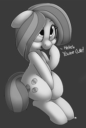 Size: 1280x1910 | Tagged: safe, artist:pabbley, marble pie, earth pony, pony, g4, dialogue, female, floppy ears, gray background, grayscale, mare, monochrome, open mouth, simple background, sitting, smiling, solo