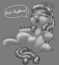 Size: 1280x1394 | Tagged: safe, artist:pabbley, tree hugger, pony, g4, acupuncture, dialogue, eyes closed, female, grayscale, monochrome, on back, open mouth, solo