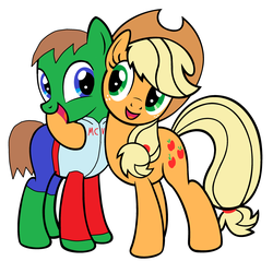 Size: 2880x2884 | Tagged: safe, applejack, oc, oc:ian, earth pony, pony, g4, base used, clothes, cowboy hat, duo, hat, high res, jacket, ms paint, simple background, stetson, white background