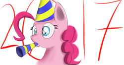 Size: 1280x670 | Tagged: safe, artist:itsthinking, pinkie pie, earth pony, pony, g4, 2017, bust, female, hat, noisemaker, party hat, portrait, simple background, solo