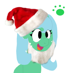 Size: 818x900 | Tagged: safe, artist:vorian caverns, oc, oc only, oc:ms anime pony, pegasus, pony, beard, blue hair, bust, christmas, facial hair, freckles, hat, paw prints, portrait, santa hat, signature, silly, simple background, solo, transparent background