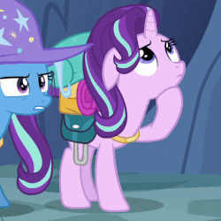 Size: 504x504 | Tagged: safe, edit, edited screencap, screencap, starlight glimmer, trixie, pony, unicorn, g4, to where and back again, animated, bag, cropped, female, floppy ears, gif, looking up, mare, solo focus, thinking, trixie's hat, worried